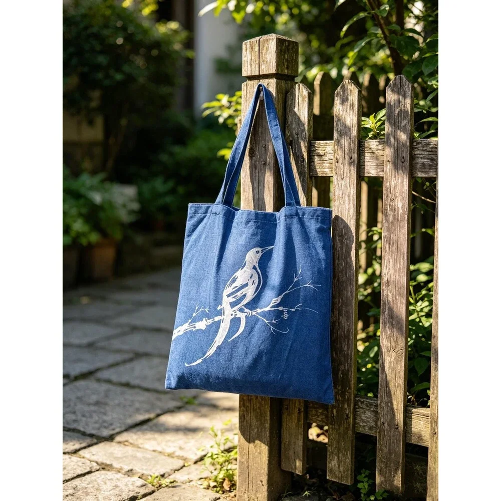 Nüshu Happiness Batik Tote | Indigo Magpie Plum Blossom Chinese Art Bag